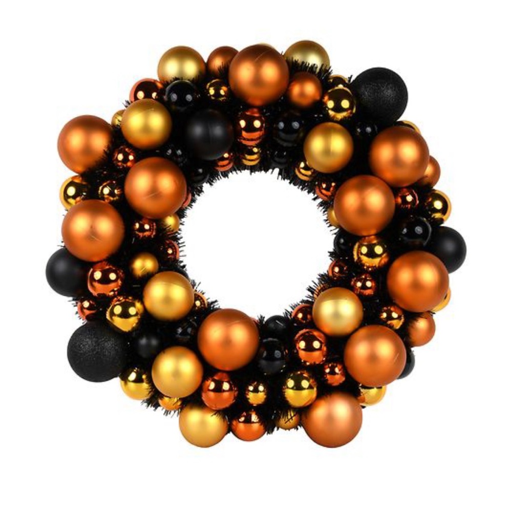 20” Orange, Golden and Black Round Ornaments and Tinsel Halloween Wreath